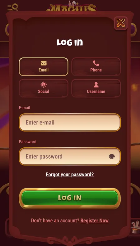 Magius Casino login screen after account creation