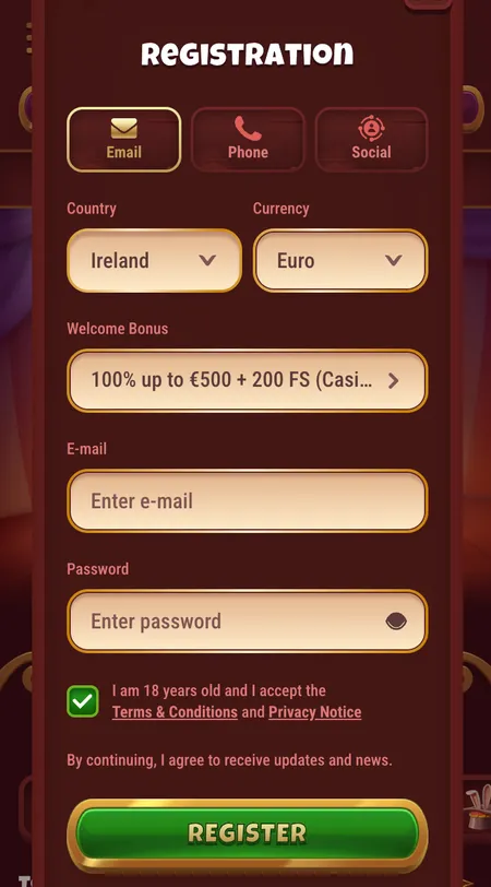 Magius Casino registration form step one